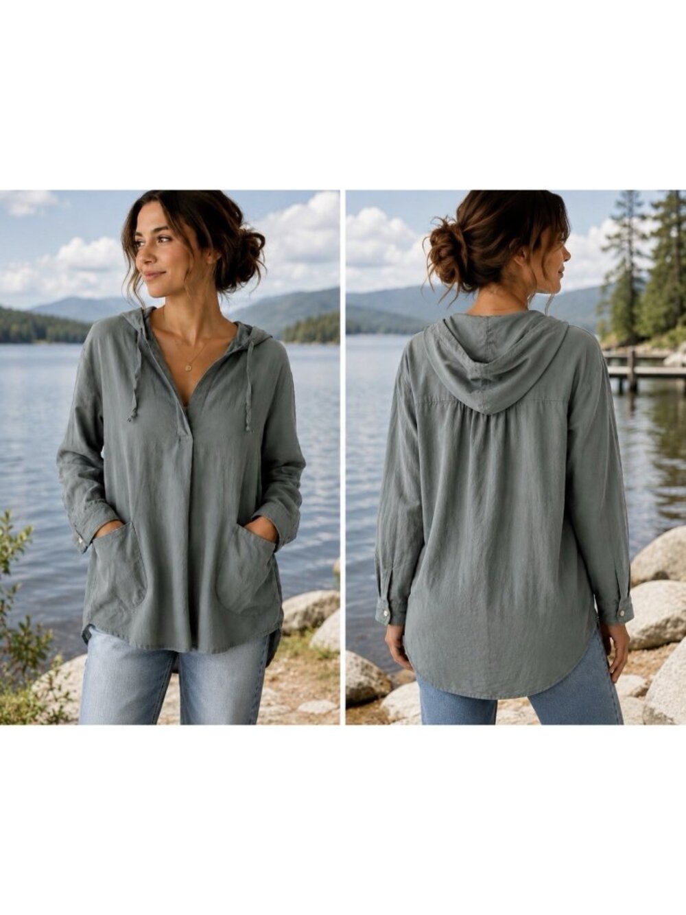 Vikolino Womens Top S/M Linen Blue Gray Pockets Hooded Lagenlook Relaxed Pockets